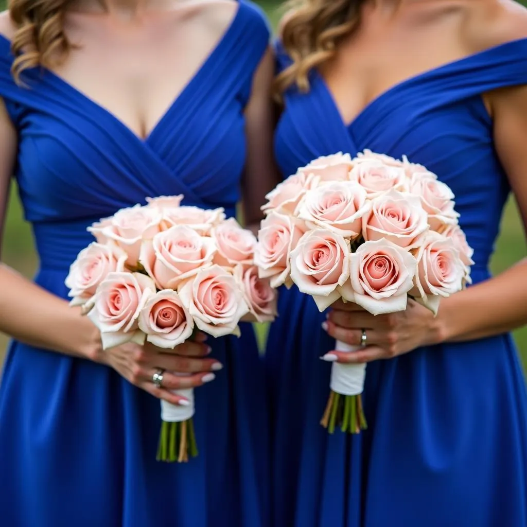 Royal Blue Bridesmaids Dresses with Blush Pink Bouquets