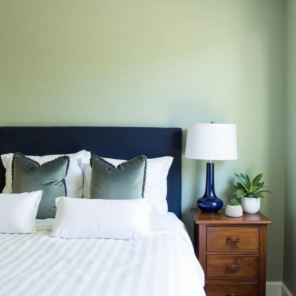 Bedroom with sage green and navy blue decor