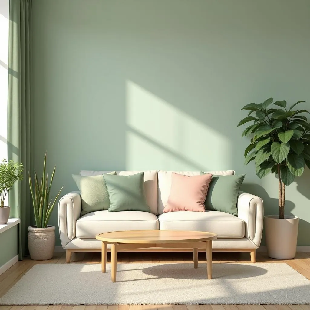 Living room with sage green walls and cream accents