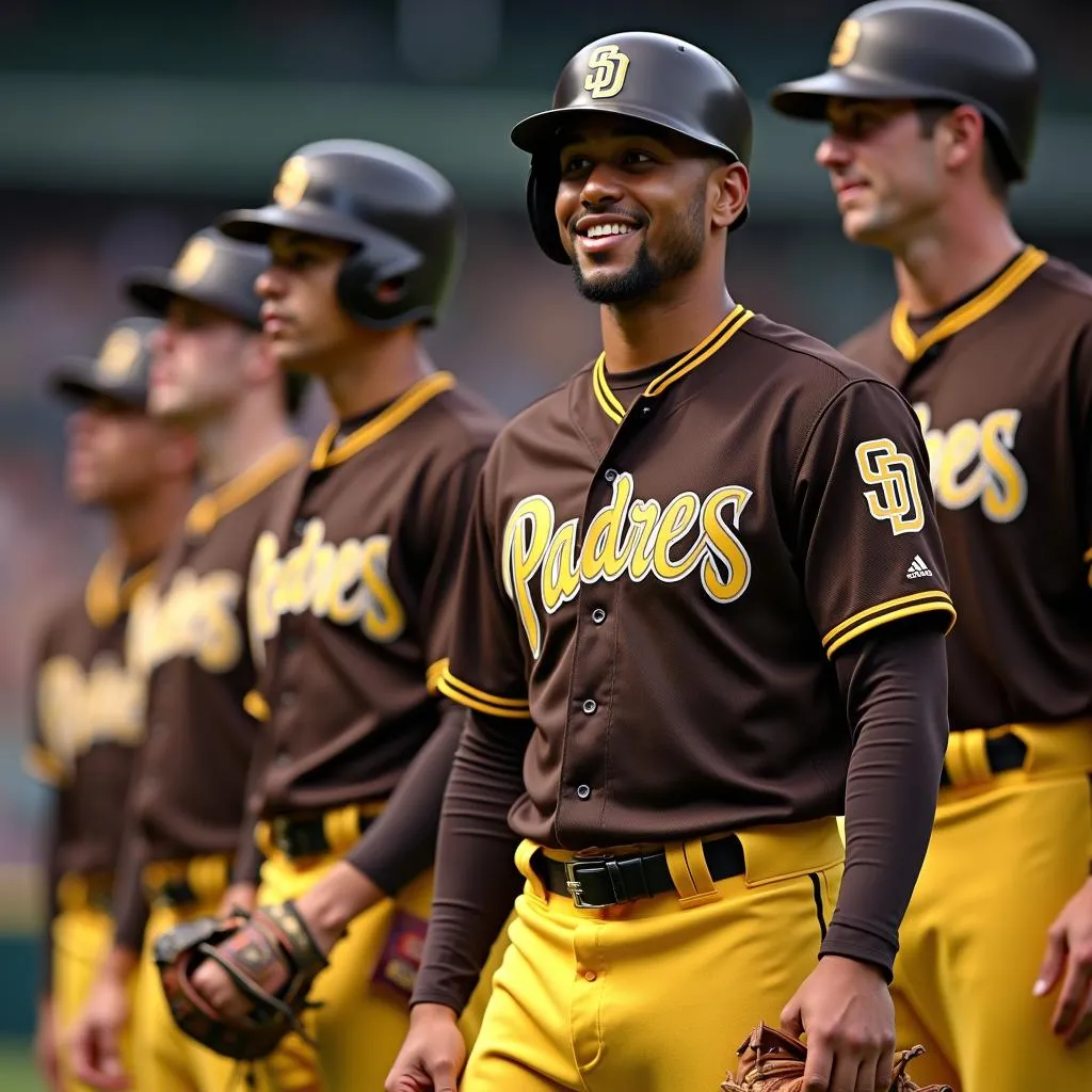 San Diego Padres players in their brown and gold uniforms