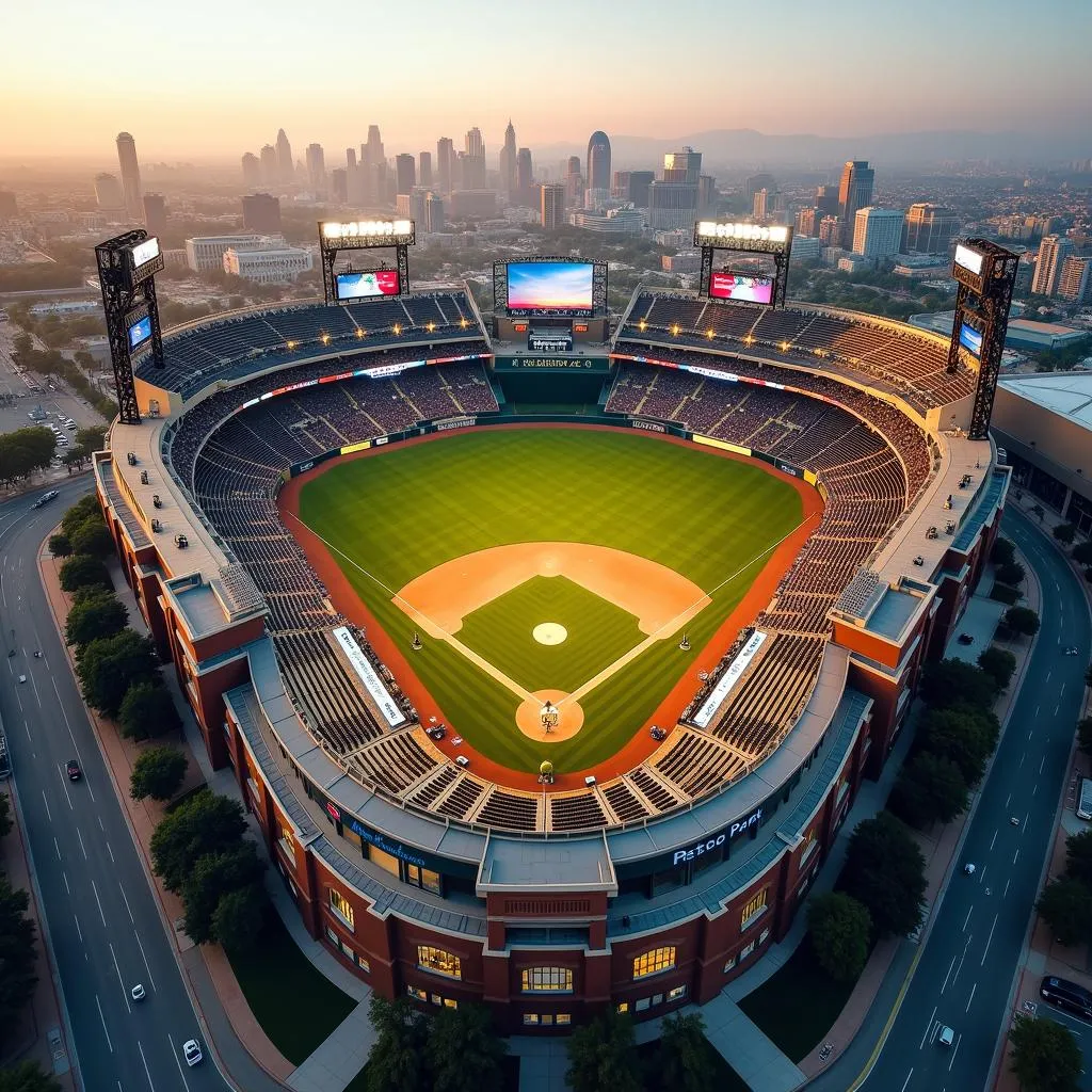 Aerial view of Petco Park, highlighting brown and gold design elements