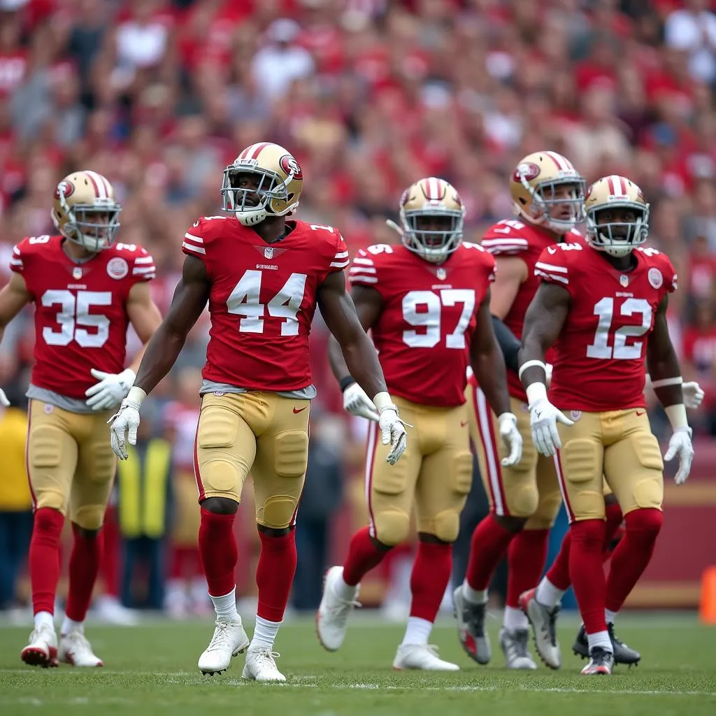 San Francisco 49ers players celebrating on field