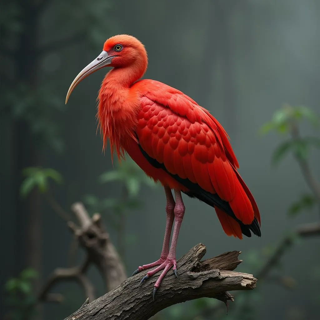 Scarlet Ibis on a Weathered Branch