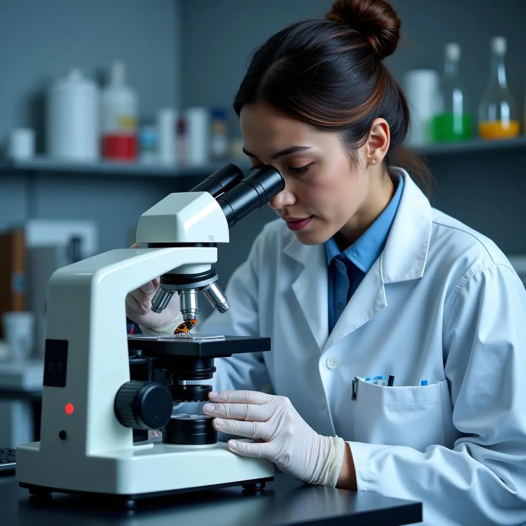 Scientist Examining Beetle Under Microscope