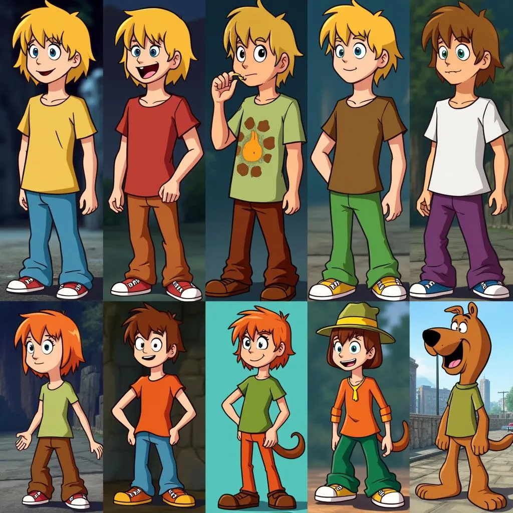 Scooby-Doo Through the Years: A collage showcasing Shaggy's different appearances throughout the franchise's history, highlighting the variations in his pants color.