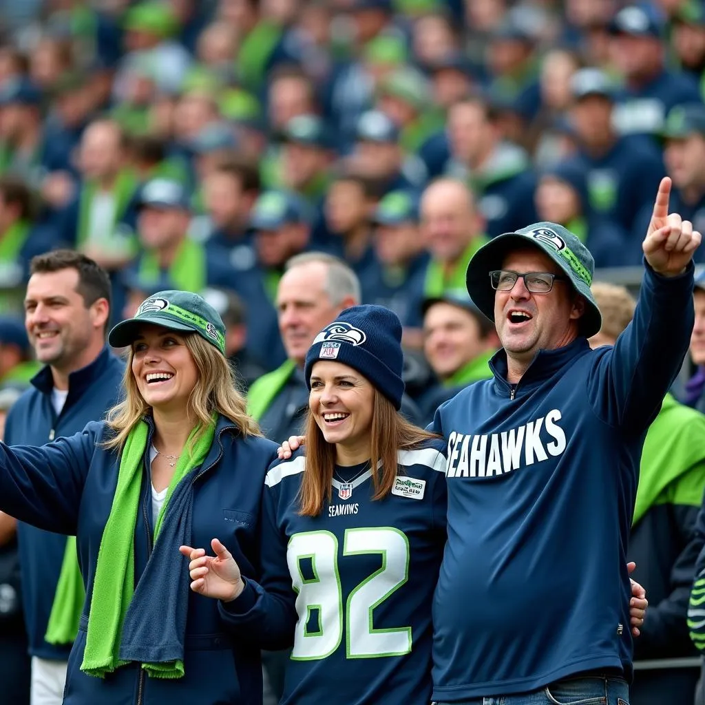 A group of Seattle Seahawks fans wearing jerseys, hats, and scarves in Action Green, College Navy, and Wolf Gray.