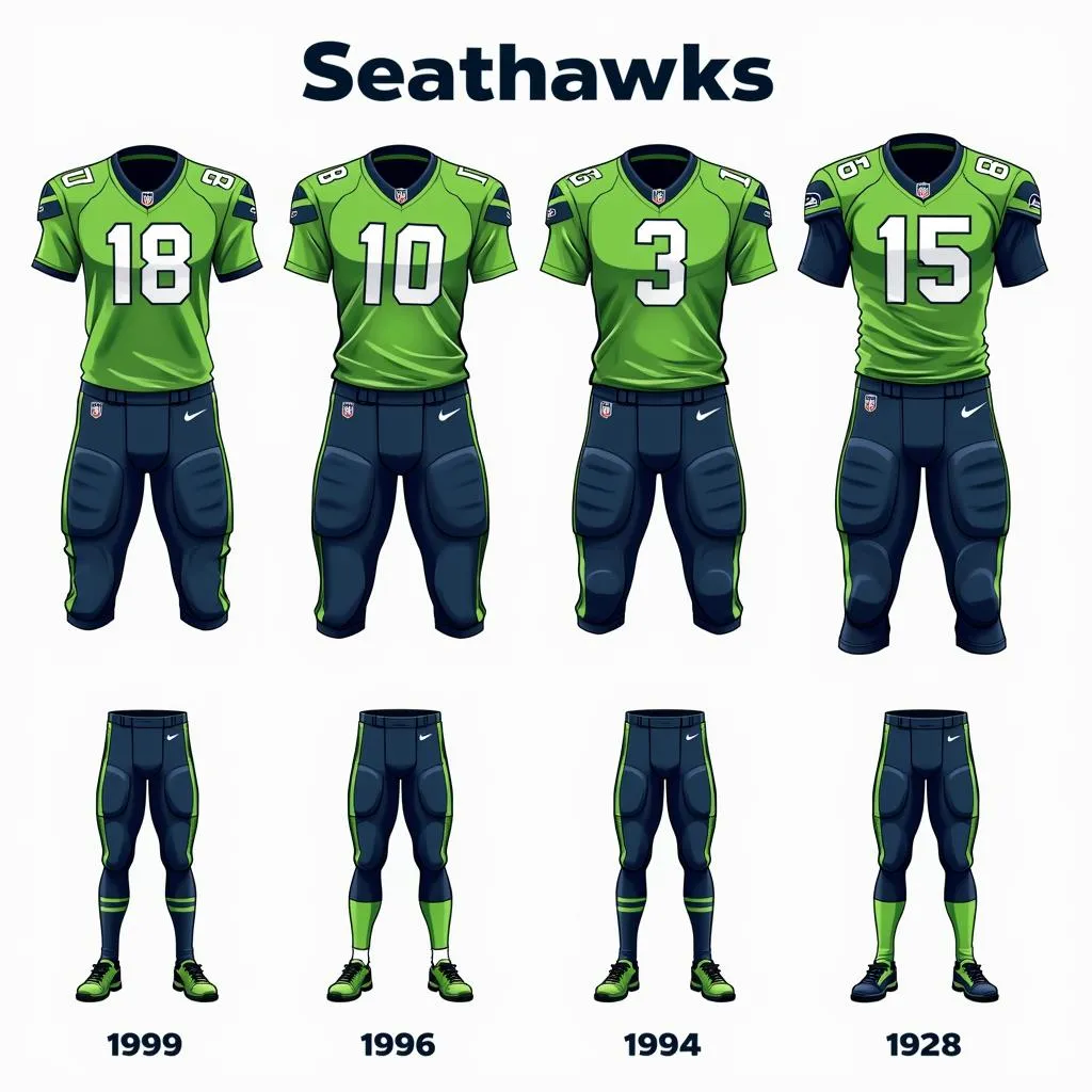 A timeline showcasing the evolution of Seattle Seahawks uniforms, highlighting the subtle changes in colors and design.