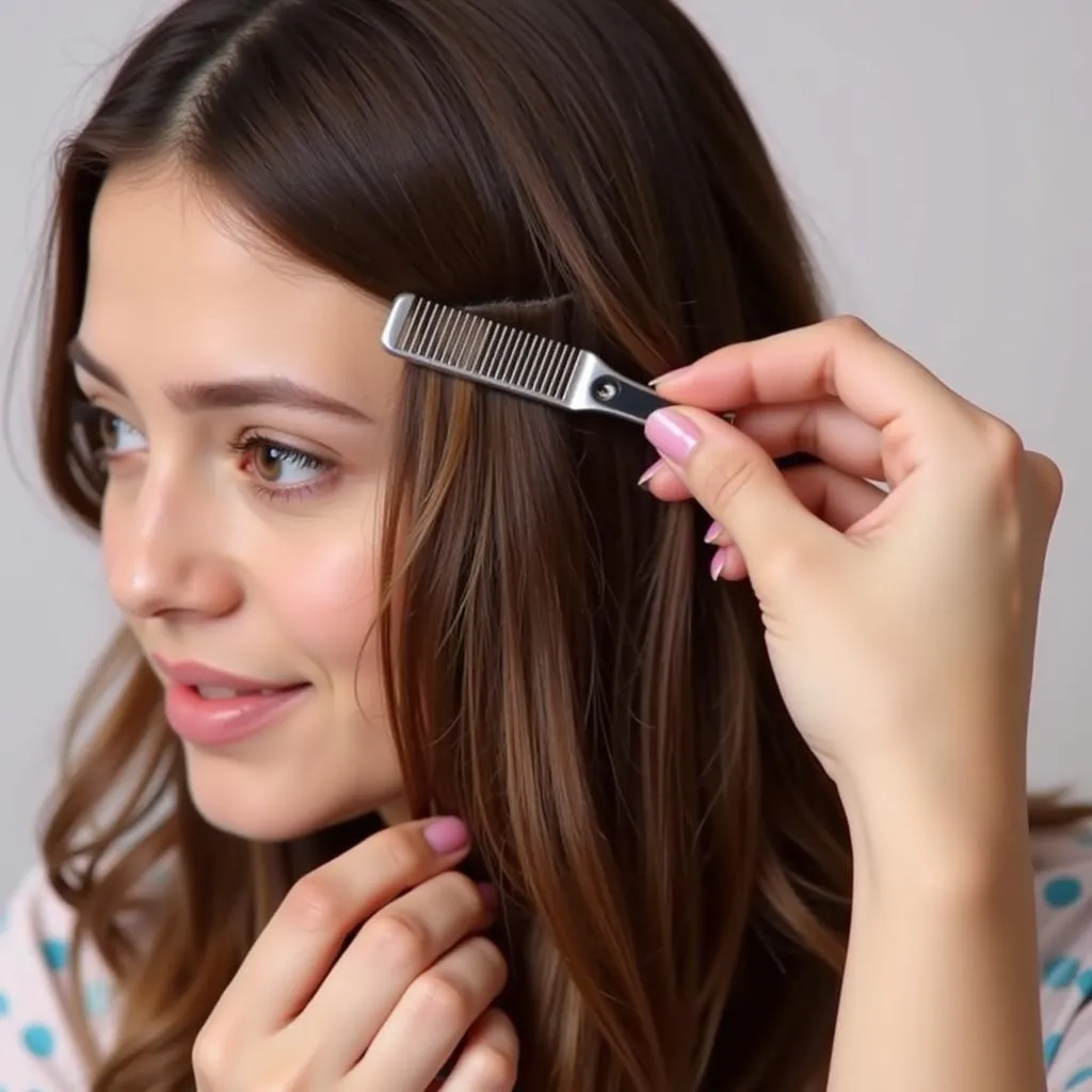 Woman sectioning her hair for peekaboo highlights