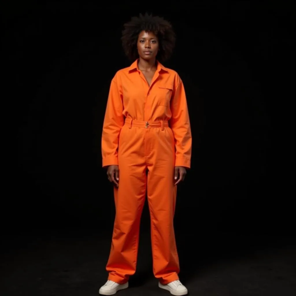 Sherrill Roland stands in an orange jumpsuit