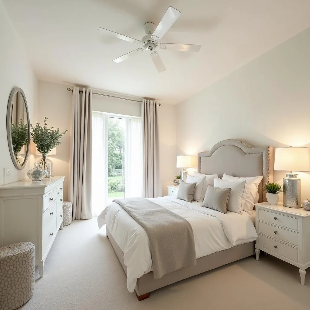 Serene bedroom with silver accents and beige walls