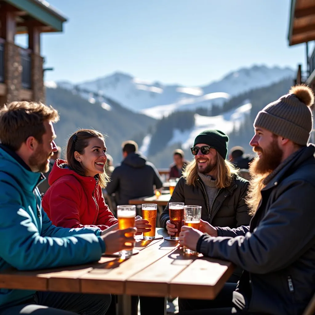 Skiers enjoying après-ski at a lively outdoor patio in Colorado