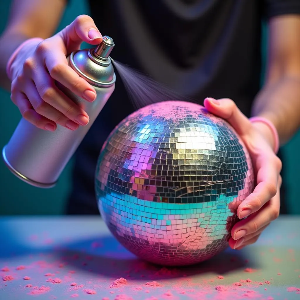 Applying spray paint to a disco ball