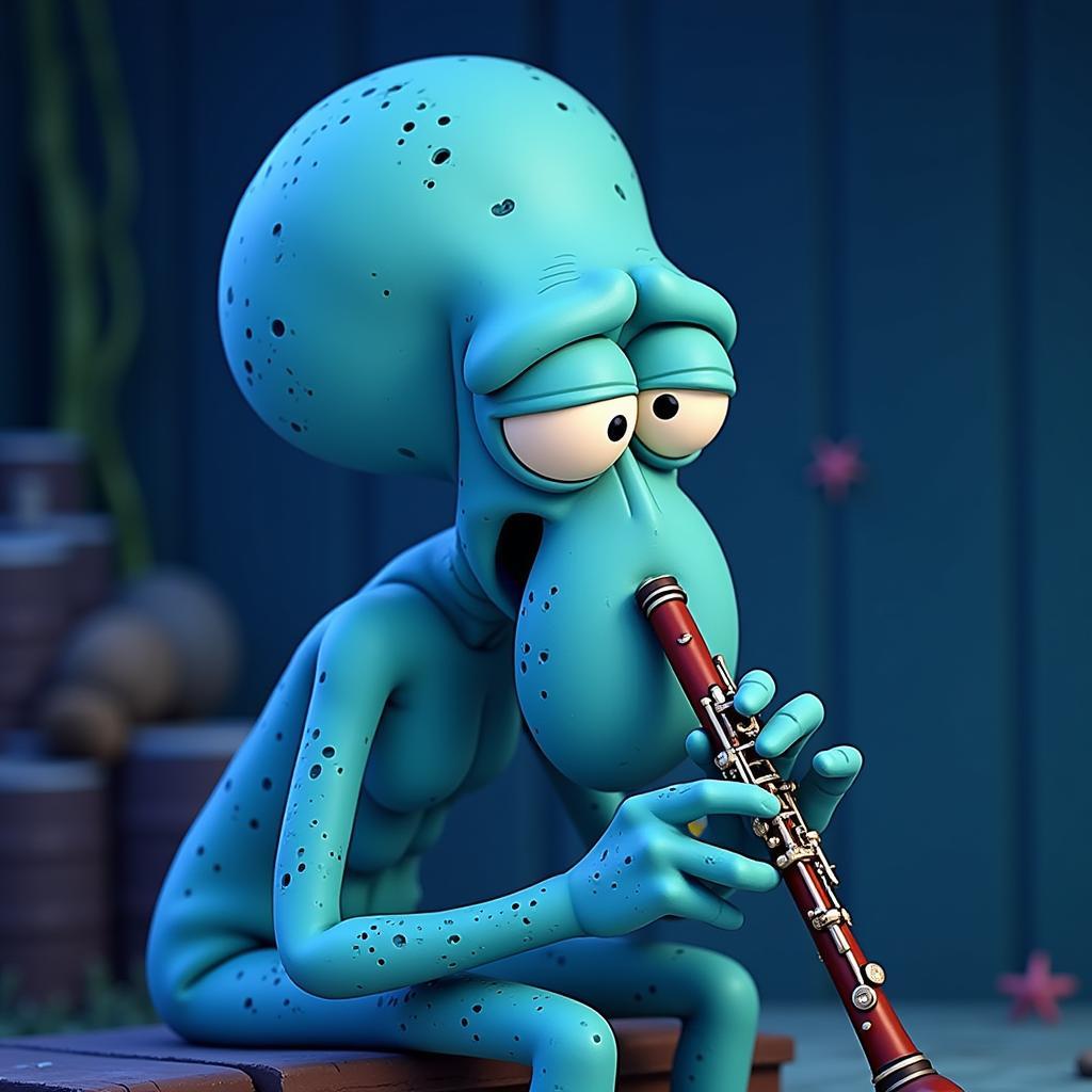 Squidward playing his clarinet with a sad expression