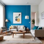 Living room with an electric blue statement wall.