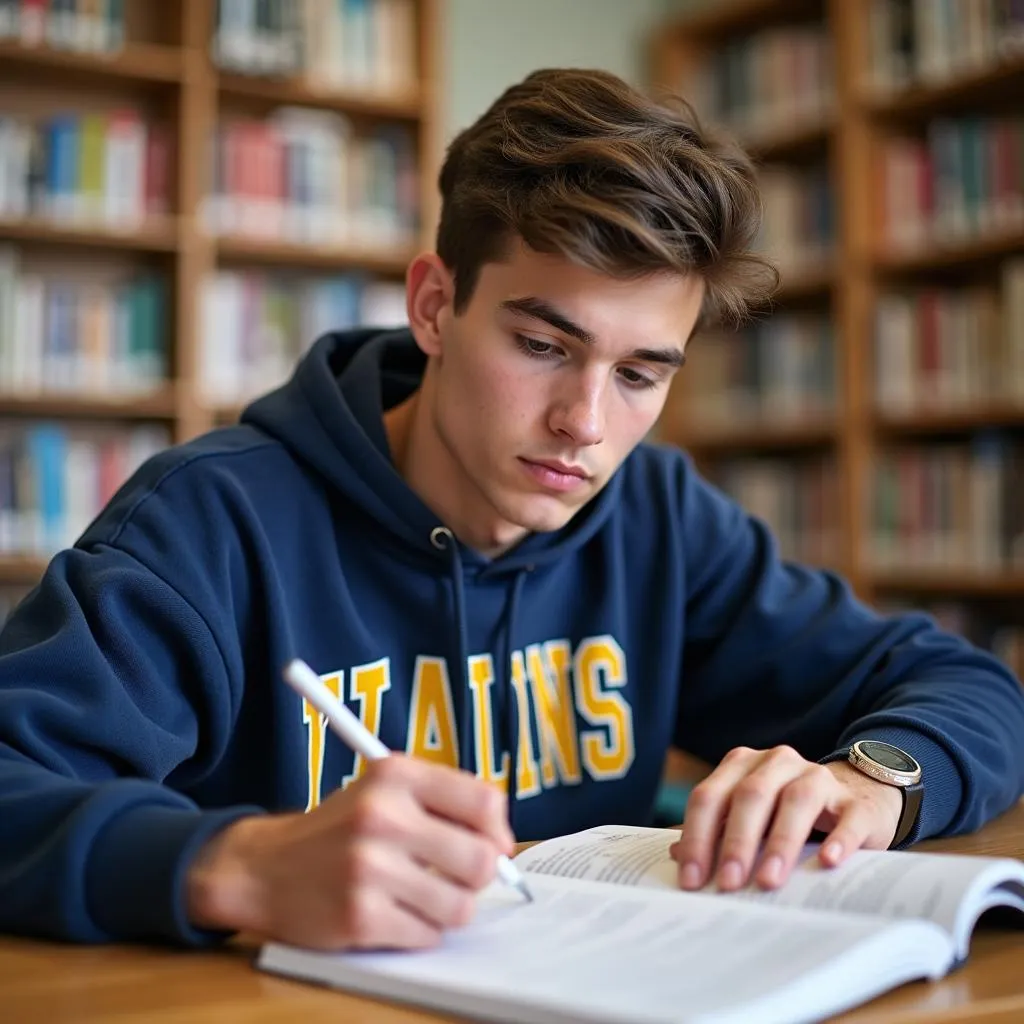 Student-athlete studying in the library.