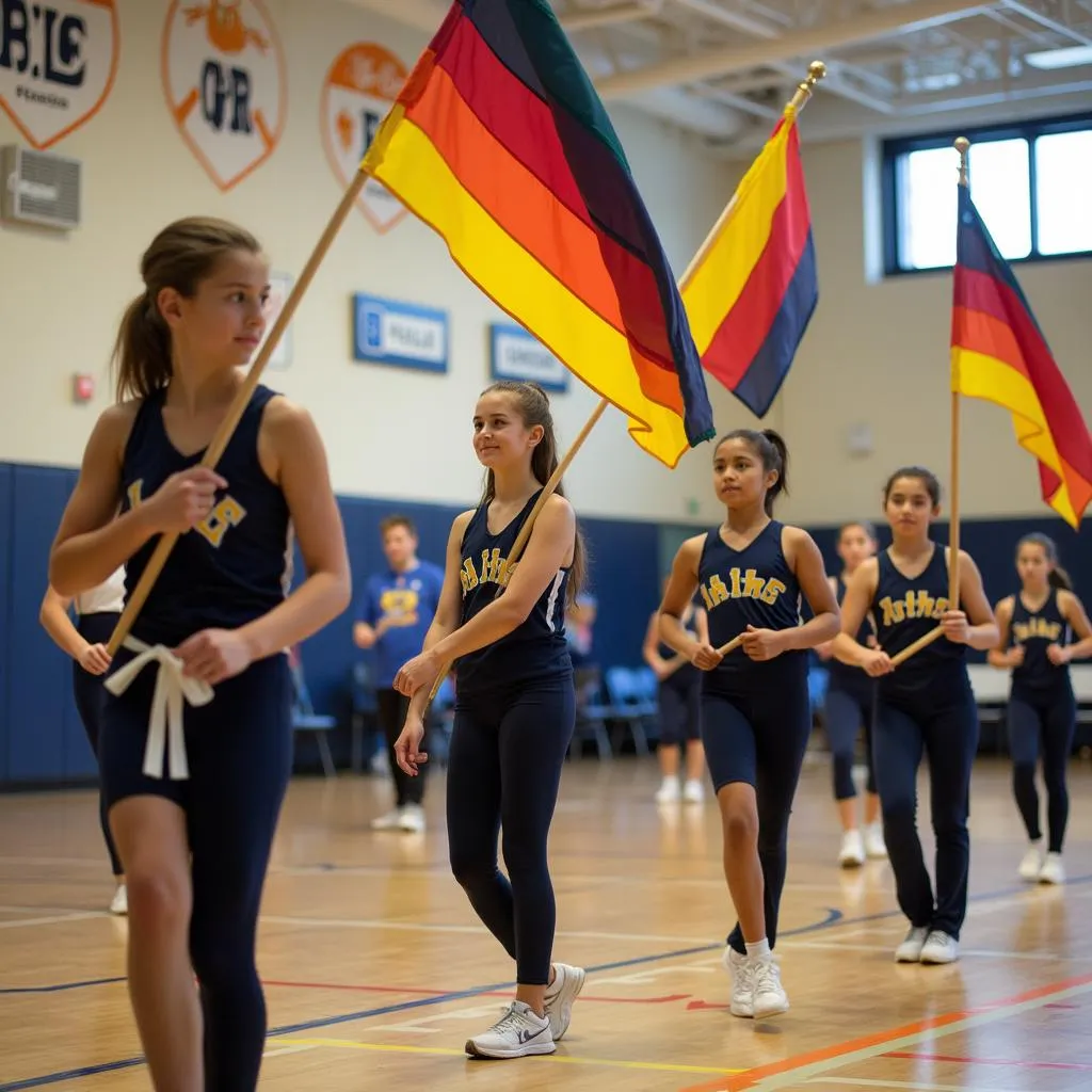 Students Practicing Color Guard in Gym