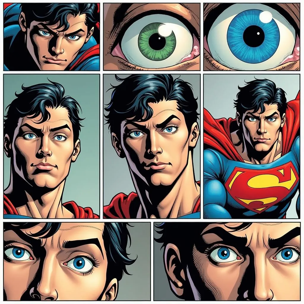 A collage of comic book panels showcasing different artists' interpretations of Superman's eye color