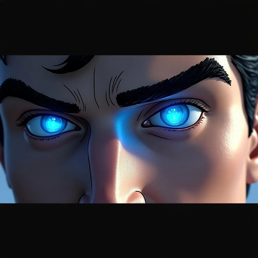 Close-up of Superman's eyes, revealing their vibrant blue hue