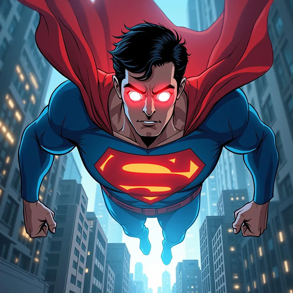 Superman using his X-ray vision amidst the bustling cityscape of Metropolis