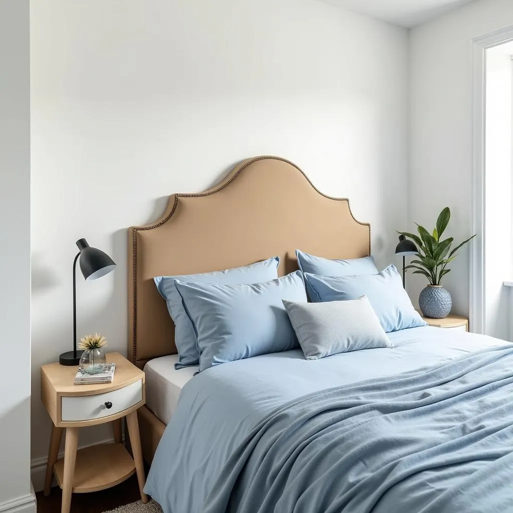 Bedroom with tan headboard and blue bedding