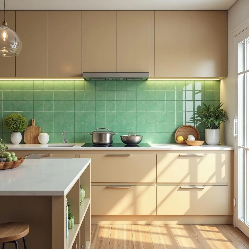 Kitchen with tan cabinets and green backsplash