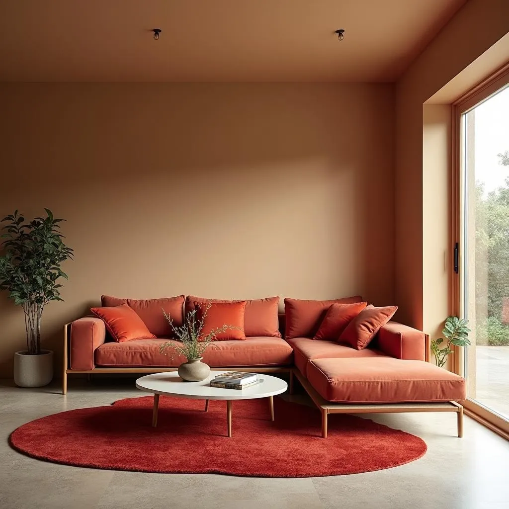 Living room with tan walls and red accents