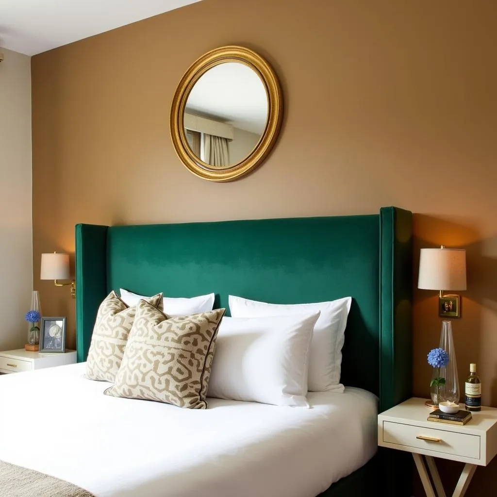 Bedroom with tan walls and an emerald green headboard