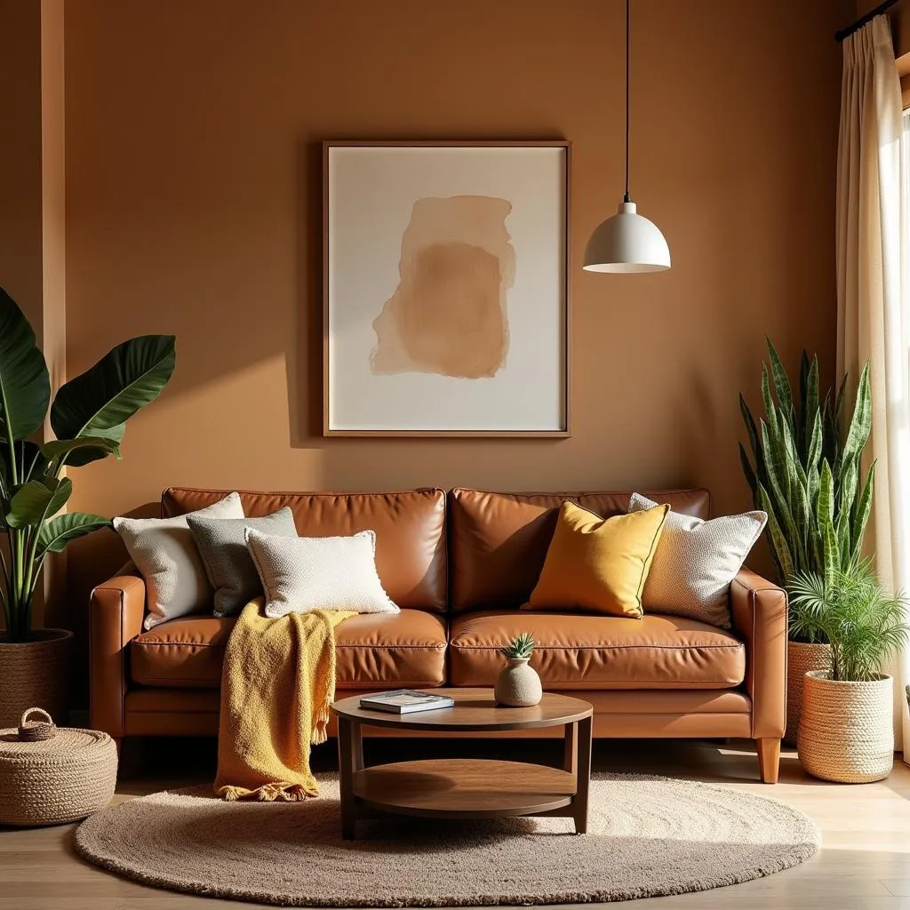 Living room with tan walls and brown leather furniture