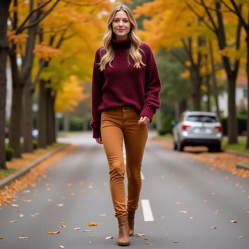 Woman in Tan Pants and a Burgundy Sweater