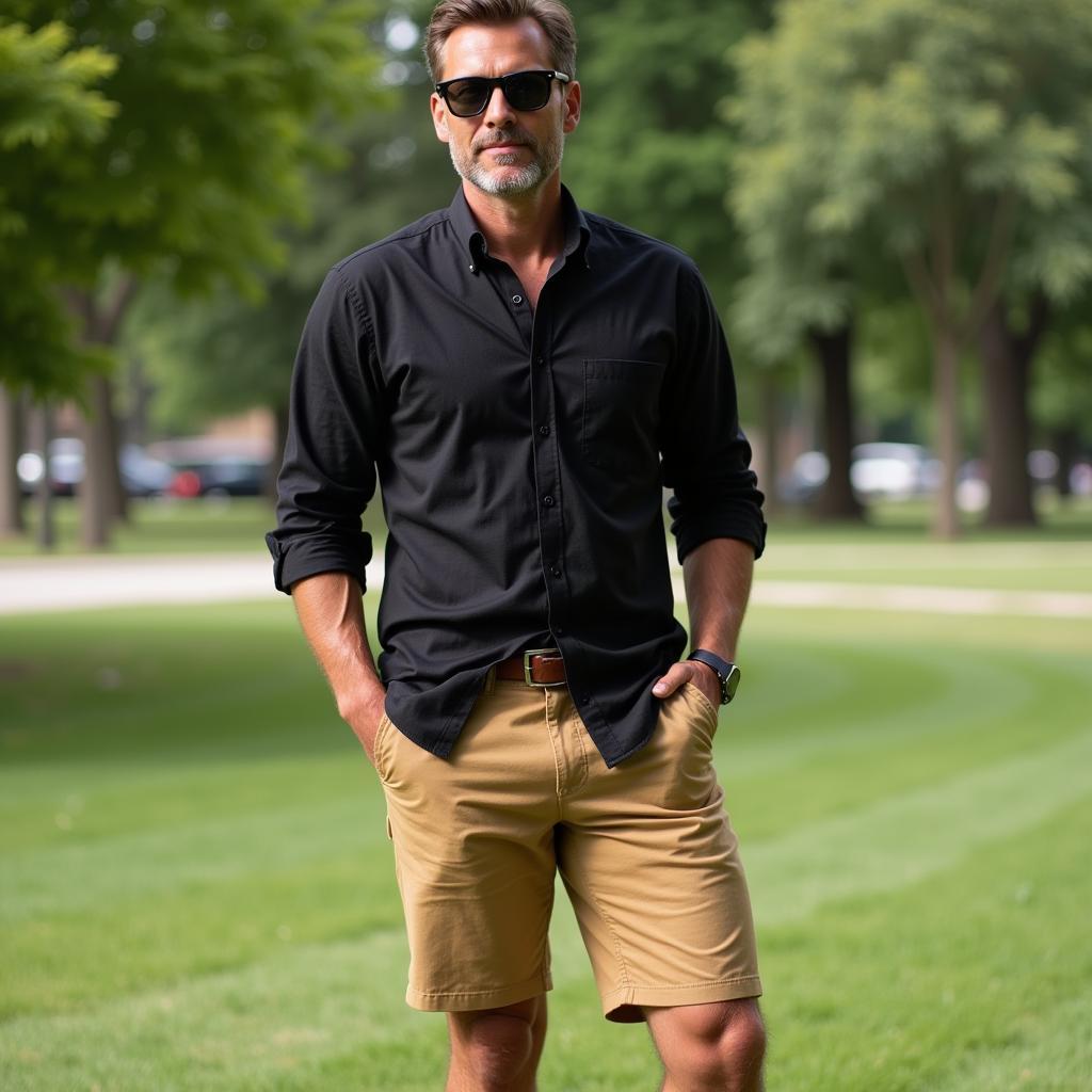 Man wearing tan shorts and a black shirt