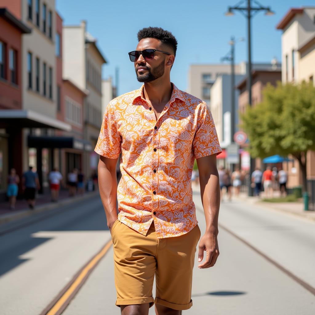 Man wearing tan shorts and a printed orange shirt