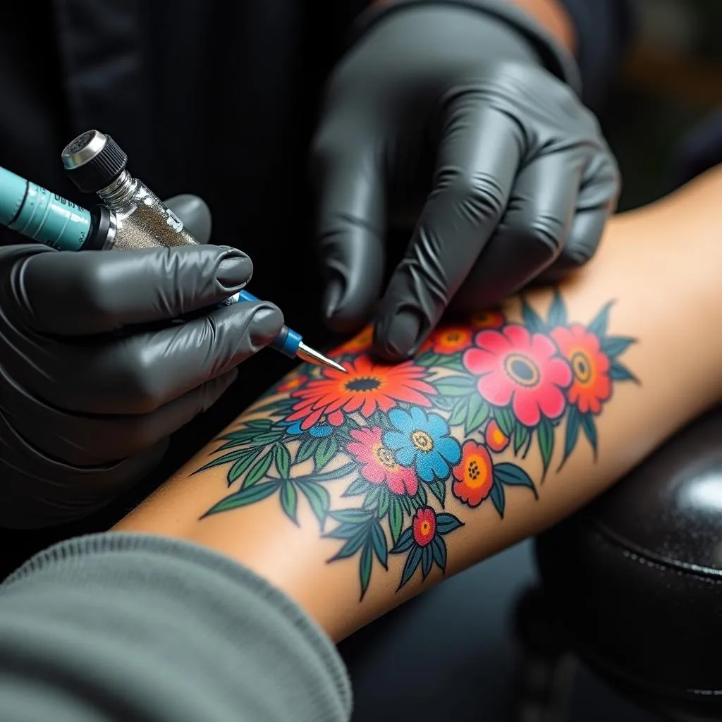 Tattoo artist applying color ink to a client's arm