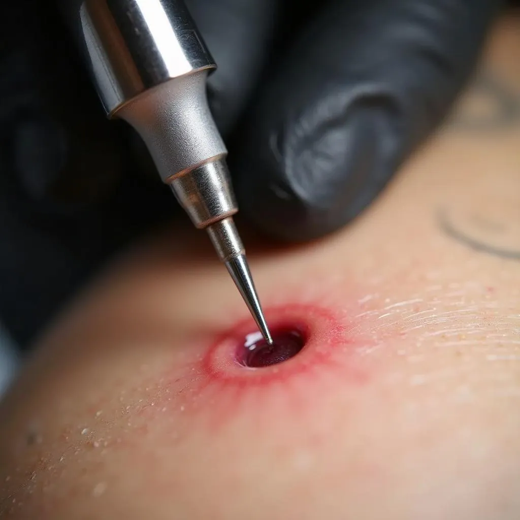 Tattoo needle penetrating skin