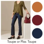 A color palette showcasing various color swatches that complement taupe, including olive green, burnt orange, burgundy, and navy blue.