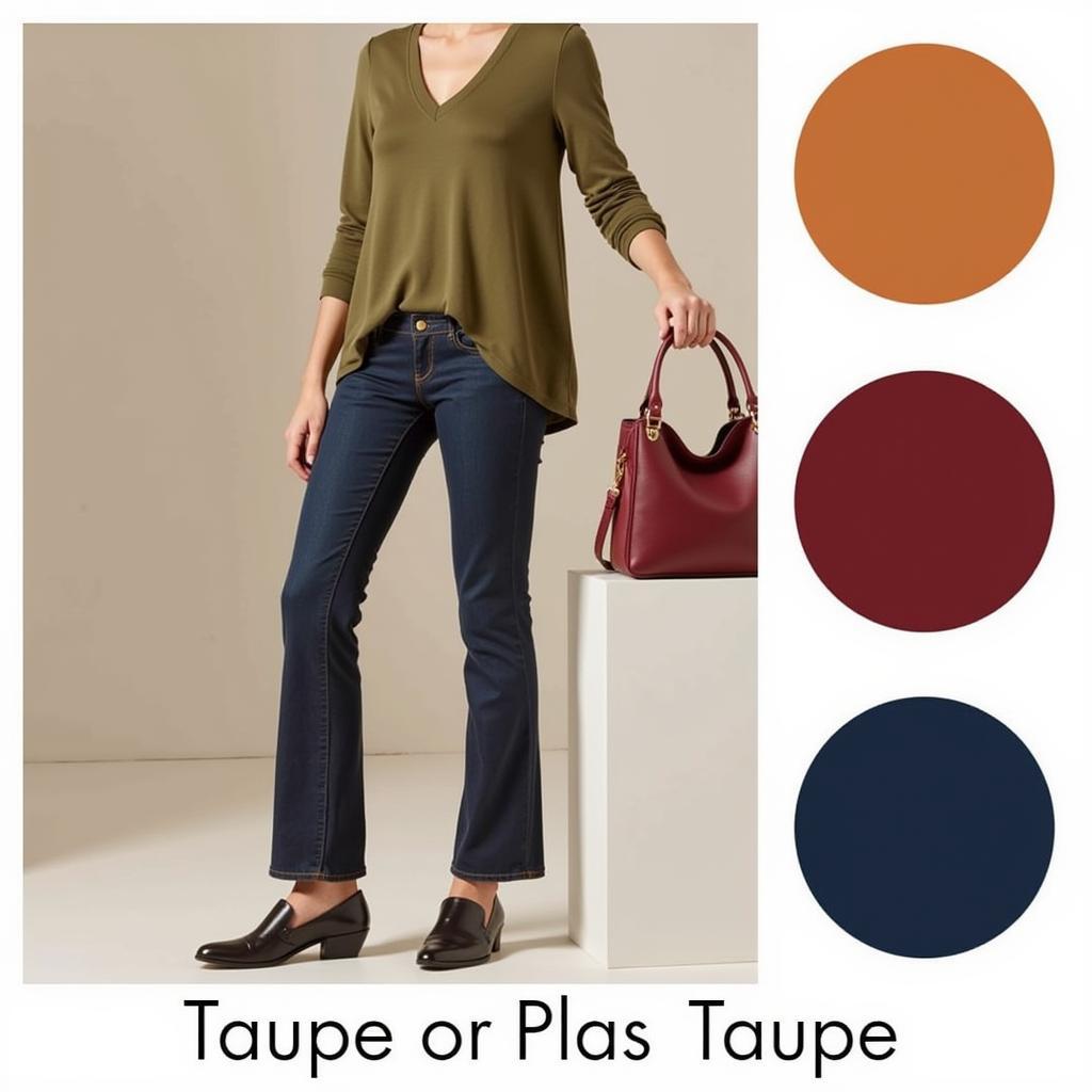 A color palette showcasing various color swatches that complement taupe, including olive green, burnt orange, burgundy, and navy blue.