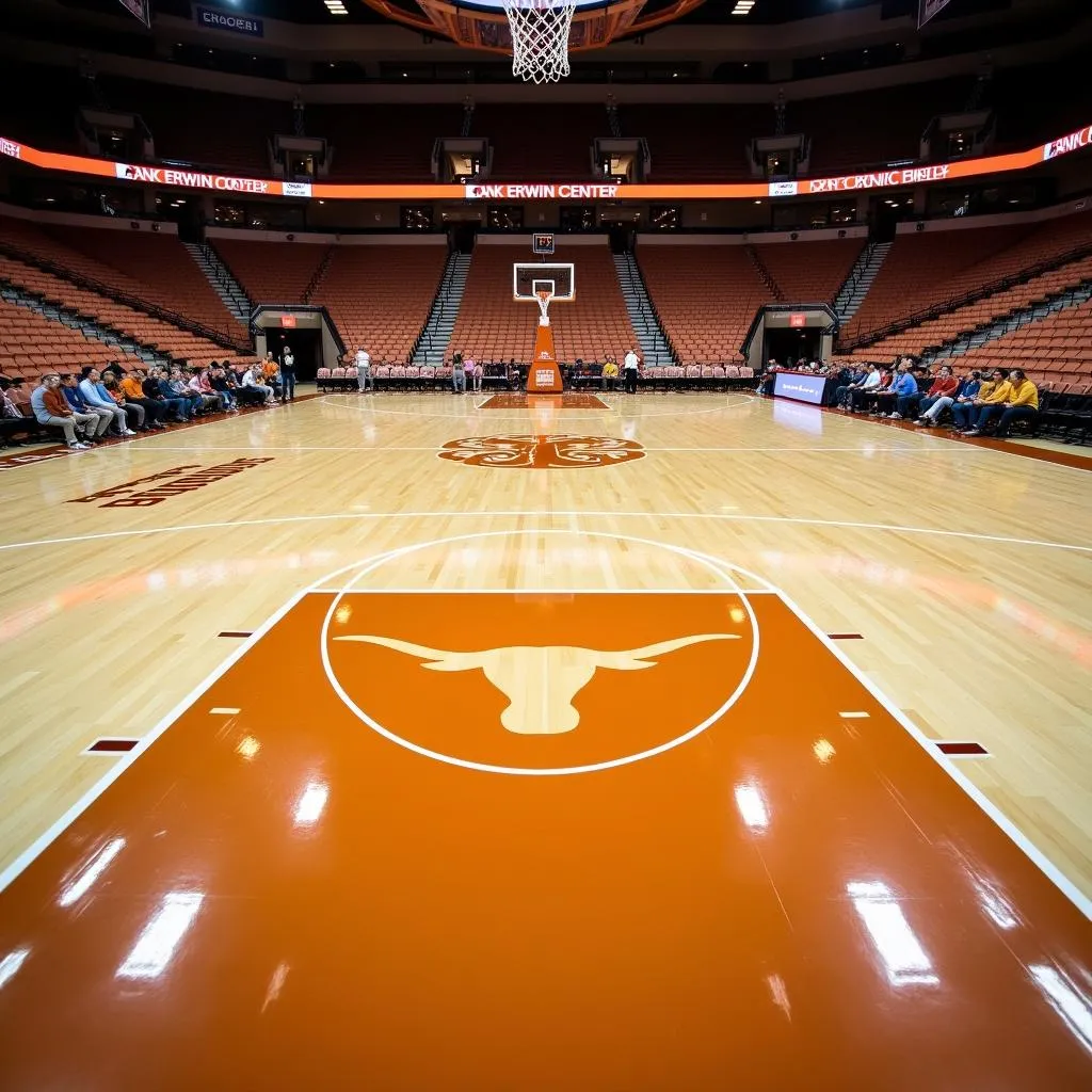 Texas Longhorns basketball court with burnt orange key and logo