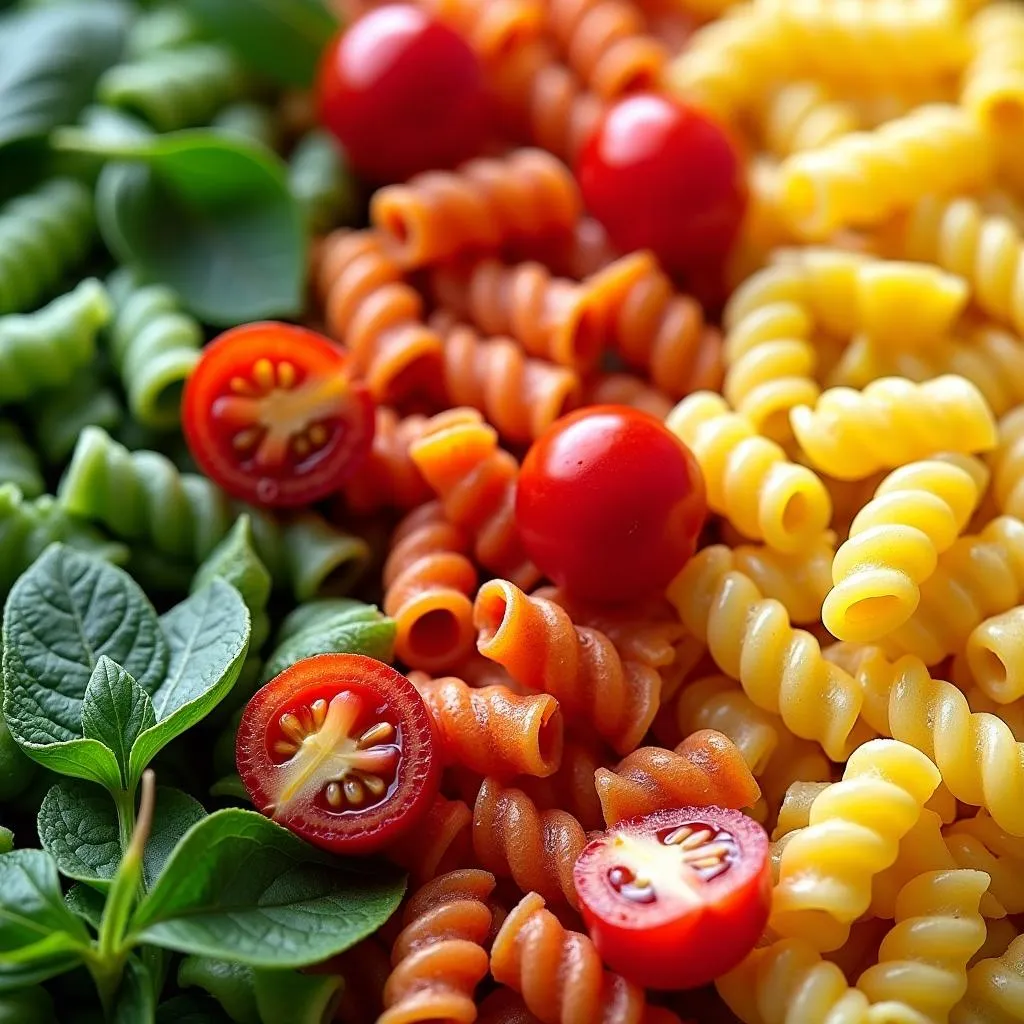 Close-up of tri-color rotini with spinach, tomatoes, and pasta dough