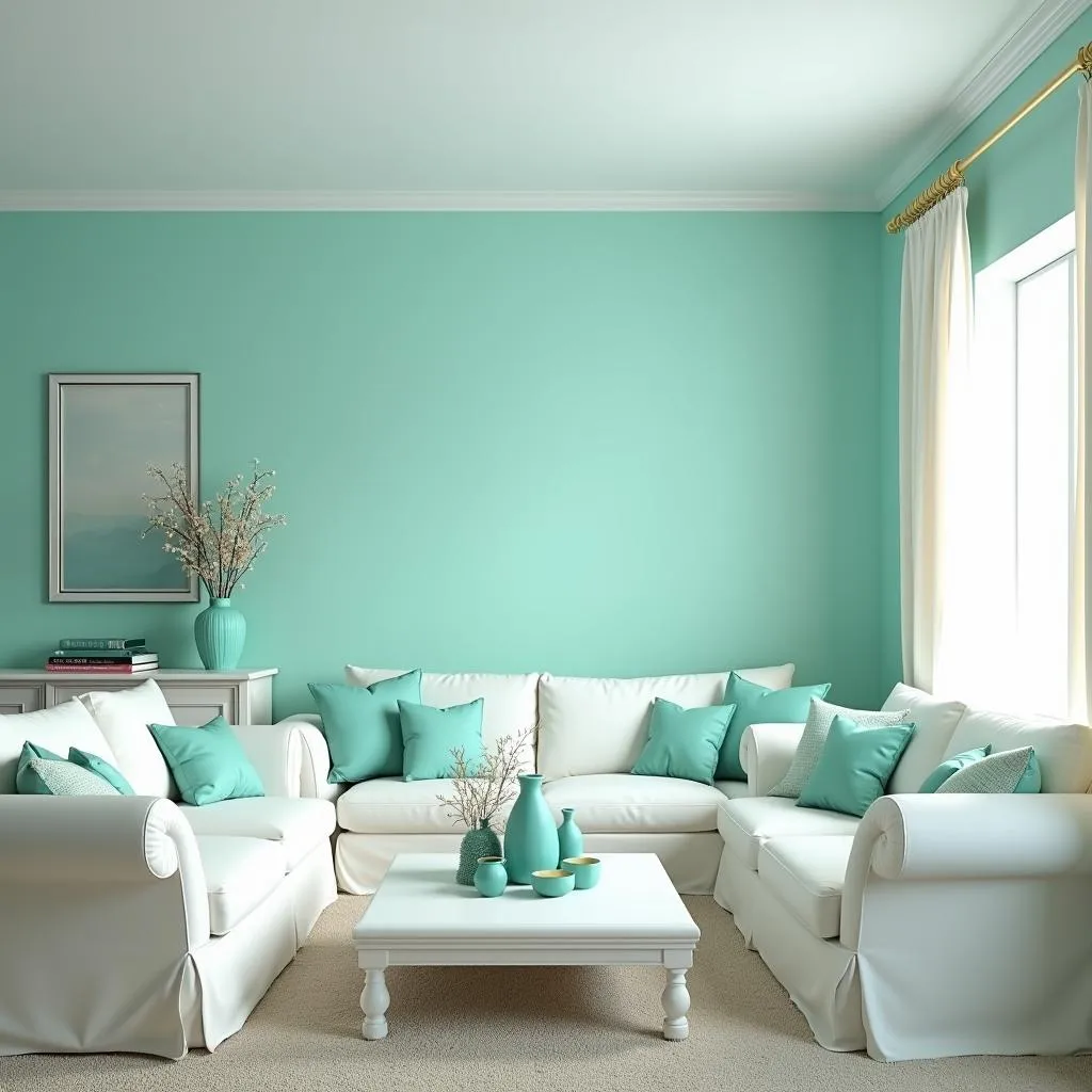 A bright and airy living room with turquoise walls and white furniture