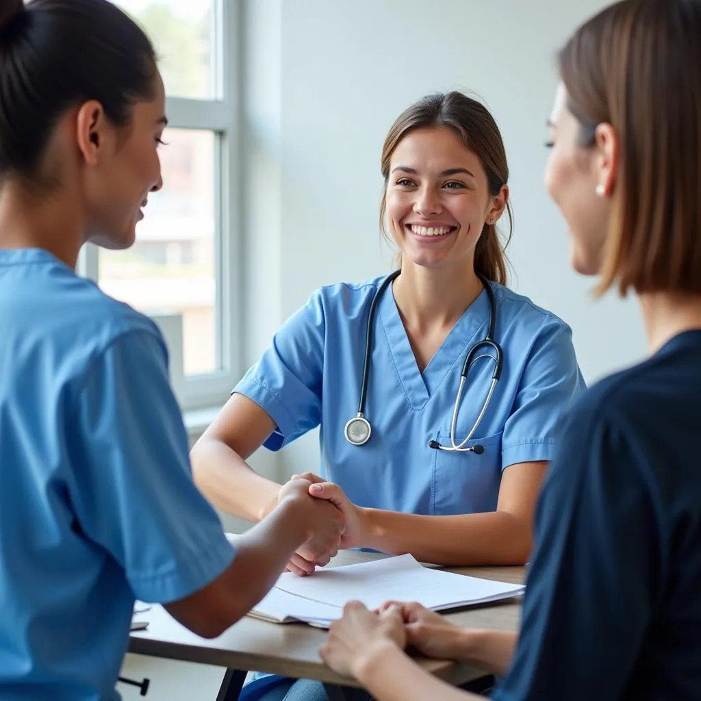 An ultrasound technician shaking hands with a healthcare professional during a job interview