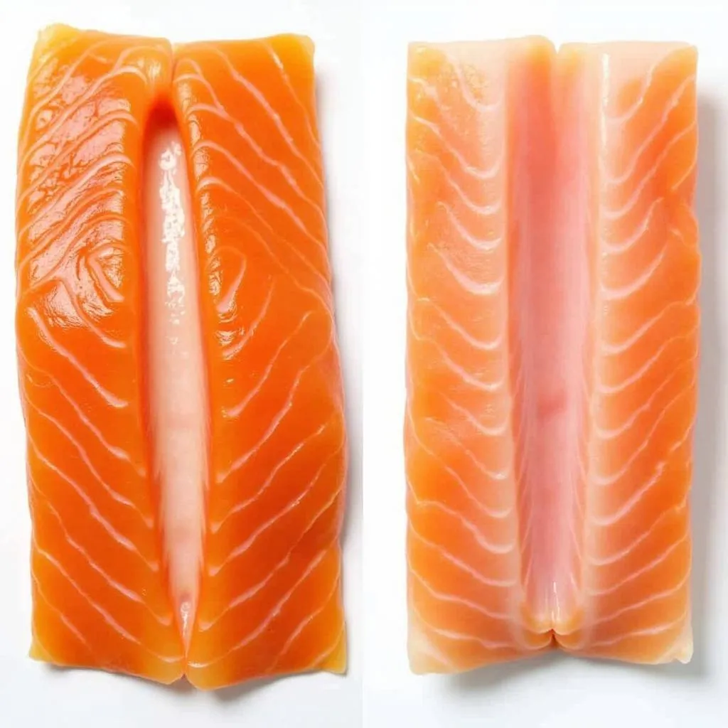 Visual comparison of undercooked and cooked salmon