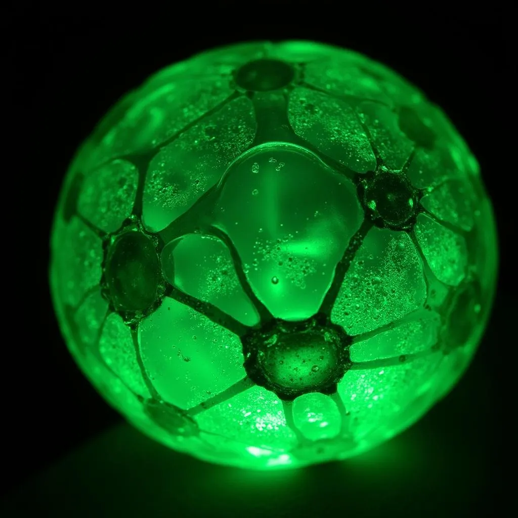 Uranium glass glowing under UV light