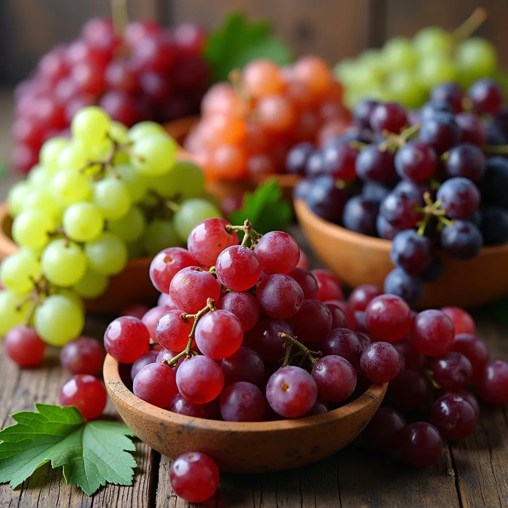 Different varieties of grapes in bowls