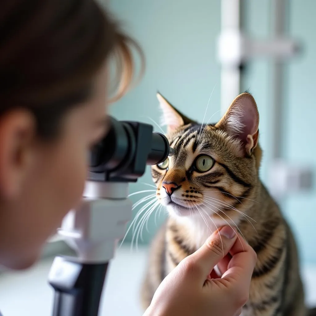 A veterinarian gently examines the eyes of a cat using an ophthalmoscope, checking for any signs of health issues.