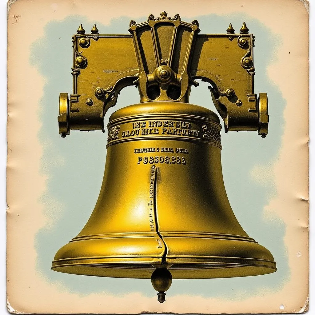 Vintage postcard depicting the Liberty Bell in a golden hue.