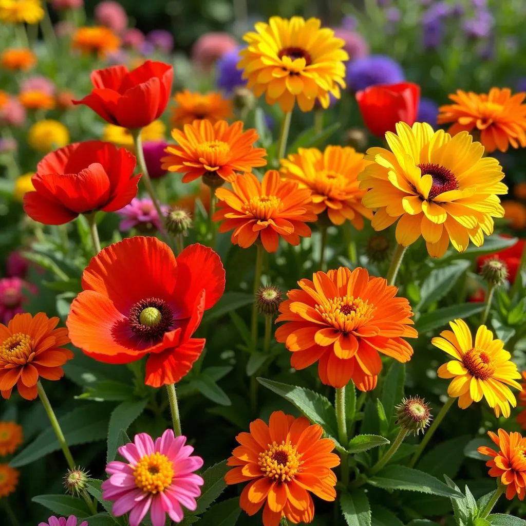 Garden with warm color flowers