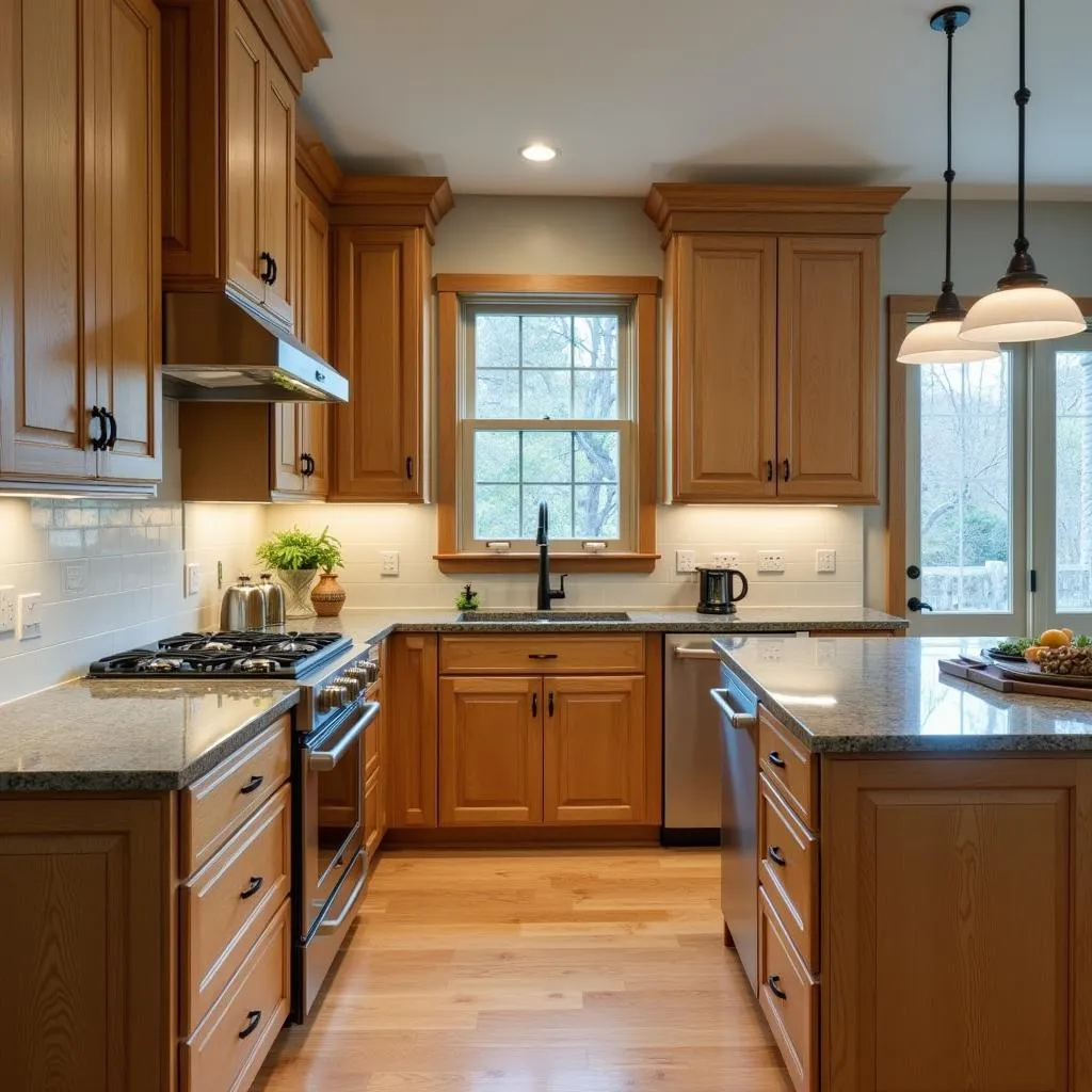 Warm Gray Countertops with Oak Cabinets