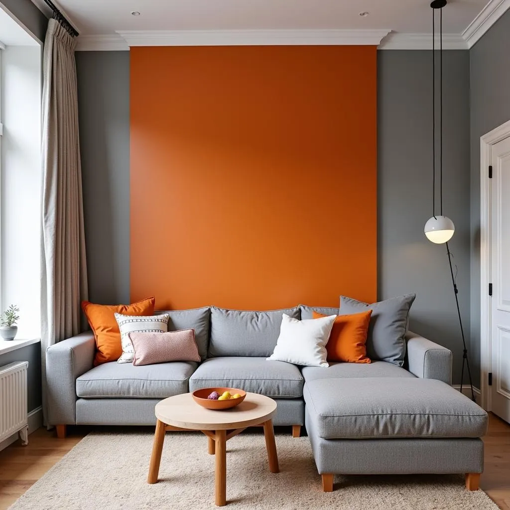 Living Room with Warm Grey Walls and a Burnt Orange Accent Wall