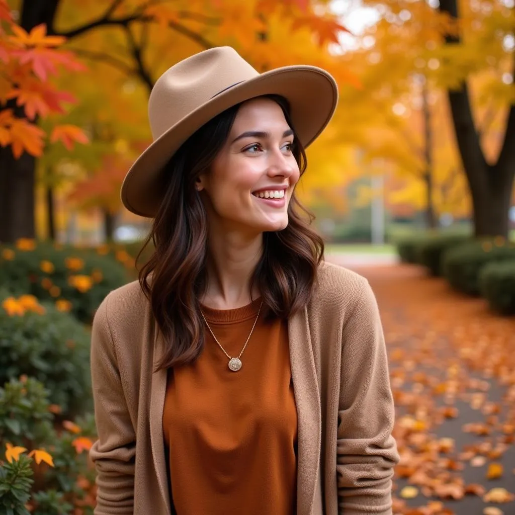 Woman in a cream sweater and beige pants standing in front of fall foliage