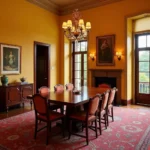 Dining room with mahogany table and warm-toned walls