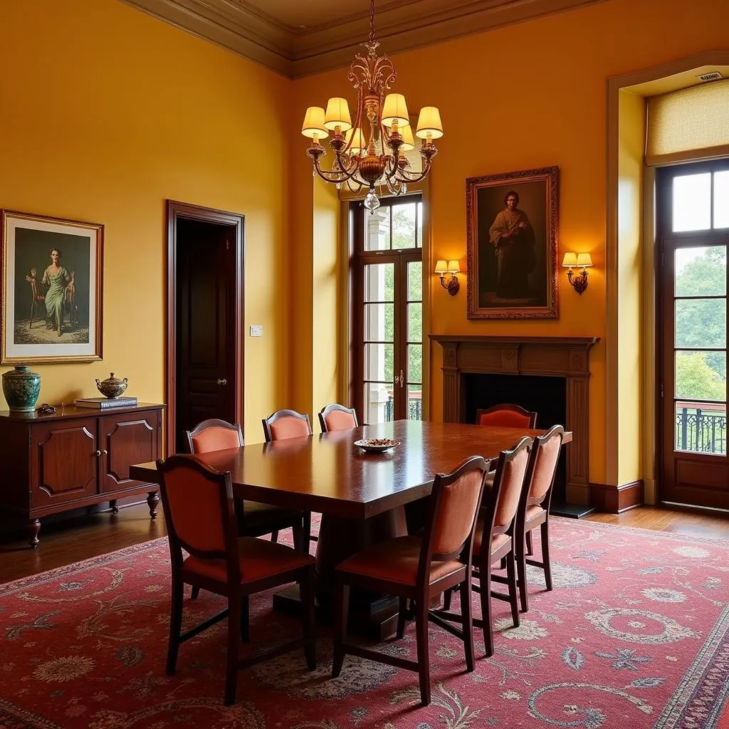 Dining room with mahogany table and warm-toned walls